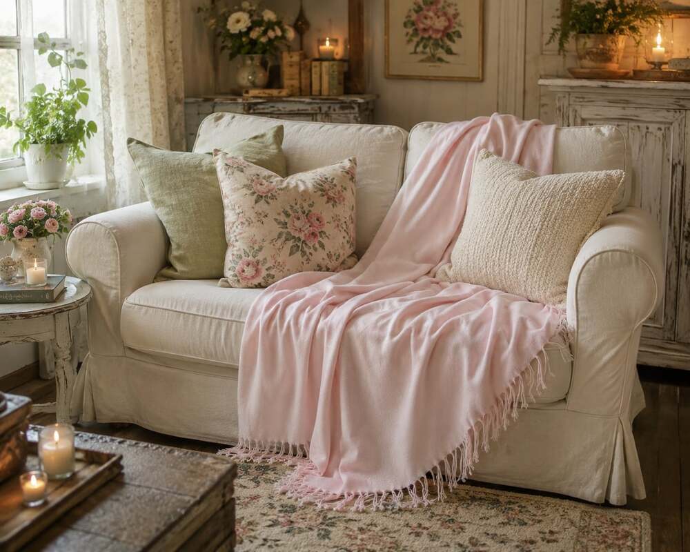 Calvin Klein Decorative Throw Blanket with Fringe Detail in Soft Pink